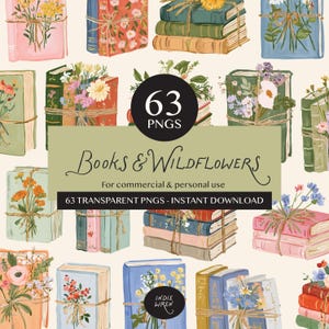 Op de afbeelding: Een digitale collectie van 63 PNG-bestanden met illustraties van boeken vastgebonden met touw en versierd met wilde bloemen. De tekst luidt 63 PNGS, Books & Wildflowers, For commercial & personal use, 63 TRANSPARENT PNGS - INSTANT DOWNLOAD en INDIE WREN.