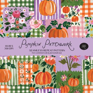 Pumpkin Patchwork Pattern Seamless Digital Download -  Whimsical Quilt Halloween Girly Pumpkins Gingham Print for Fabric for Crafts