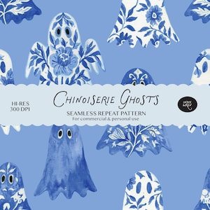 Chinoiserie Ghosts Seamless Pattern | Spooky Cute Ghosts Delicate Design | Repeat Print | Printable for Fabric & Fall Products