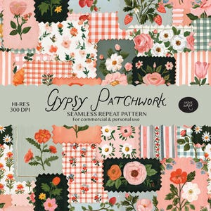 Gypsy Vintage Patchwork Seamless Pattern, Instant Download, Painted Floral Gingham Quilt Repeat Print For Fabric, Packaging, Digital Paper