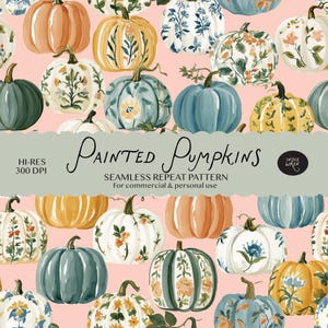 Målade blommiga pumpor sömlös digital nedladdning - Teal höst höst upprepat tryck för tyg, DIY Thanksgiving, hantverk och digitalt papper