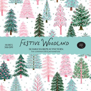 Christmas Tree Woodland Seamless Pattern Digital Download -  Festive Winter Wonderland Print for Fabric, Crafts, Gift Wrap - Commercial Use