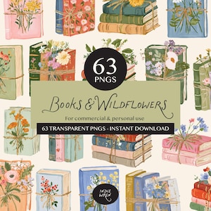 May include: A digital collection of 63 PNG files featuring illustrations of books and wildflowers. The images display various stacks and individual books tied with twine, decorated with colorful floral arrangements in shades of pink, blue, orange, and green.