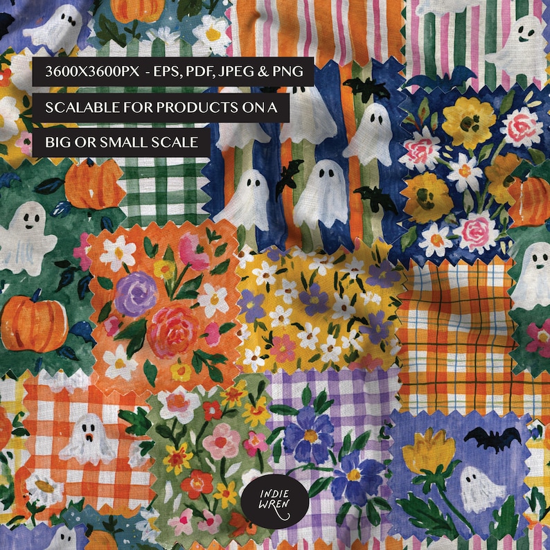 A spooky-cute repeat pattern full of painted style fabric swatches in a patchwork quilted pattern, that is perfect for adding a touch of magic to your autumn projects.

Created in the Indie Wren Studio and turned into a seamless pattern ready to drop straight into fabric, packaging, prints, or personal keepsakes.