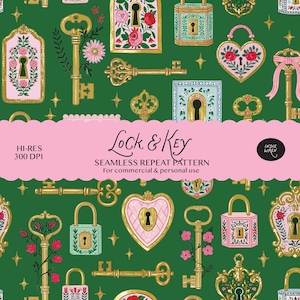 May include: A seamless repeat pattern on a dark green background featuring gold keys and various locks in pink, light blue, and gold tones, decorated with floral motifs and small stars. The text reads Lock & Key, HI-RES 300 DPI, and Indie Wren.