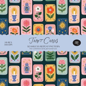 May include: A seamless repeat pattern featuring rectangular tarot cards on a dark green background. The cards display illustrations of flowers, candles, and suns in pink, yellow, and blue frames. Text reads: Tarot Cards, HI-RES 300 DPI, INDIE WREN.
