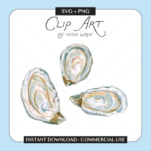 May include: A digital illustration of three oyster shells in watercolor style, featuring shades of blue, white, and tan. The image includes the text "SVG + PNG", "Clip Art BY INDIE WREN", and "INSTANT DOWNLOAD - COMMERCIAL USE" in black.