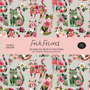 Folk Felines Floral Cats Seamless Pattern | Painted Quirky Cat Repeat Print Design | Fun Animals for Fabric, Packaging and Pet Accessories
