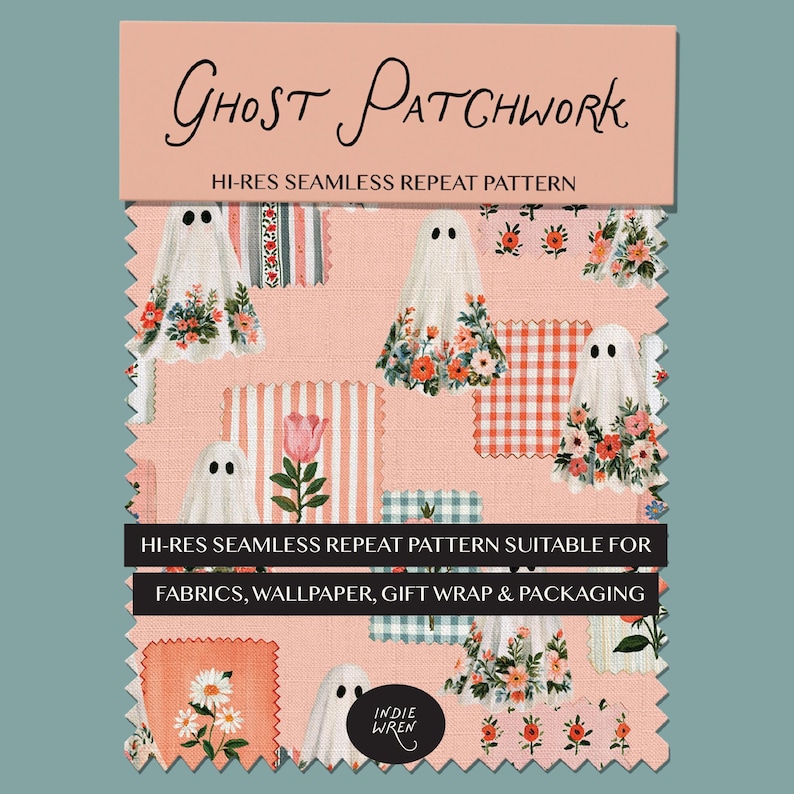A peachy vintage repeat pattern full of painted style fabric swatches and meadow floral ghosts that is perfect for adding a touch of magic to your autumn projects.

Created in the Indie Wren Studio and turned into a seamless pattern ready to drop straight into fabric, packaging, prints, or personal keepsakes.