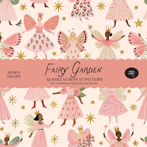 May include: A seamless repeat pattern featuring illustrated fairies with wings, crowns, and wands on a light pink background with gold stars. The text reads Fairy Garden, Seamless Repeat Pattern, Hi-Res 300 DPI, and Indie Wren.