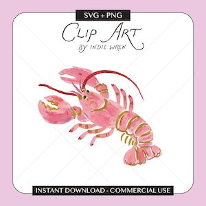 SVG-Aquarell-Clip-Art: Rosa Hummer; PNG-Druckdateien für sommerliche Lebensmittel, ideal für Hochzeitseinladungen und Bastelarbeiten – kommerzielle Nutzung erlaubt