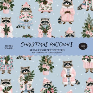Patrón digital sin costuras de mapaches navideños - Estampado festivo invernal y original para tela, manualidades con papel y papel de regalo - Uso comercial