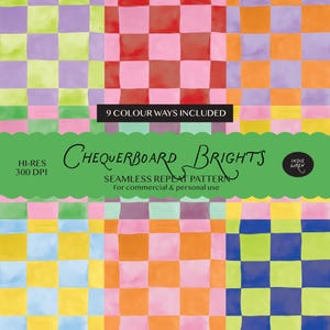 May include: A digital graphic featuring a multi-colored checkerboard pattern with various bright color combinations. A green horizontal banner overlays the center with the text 9 COLOUR WAYS INCLUDED, CHEQUERBOARD BRIGHTS, SEAMLESS REPEAT PATTERN, HI-RES 300 DPI, and INDIE WREN.