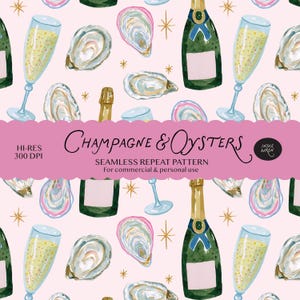 Könnte beinhalten: Ein nahtloses Wiederholungsmuster auf hellrosa Hintergrund mit Aquarellillustrationen von Champagnerflaschen, gefüllten Sektgläsern und Austern, akzentuiert durch goldene Sternchen. Ein rosa Banner zeigt den Text Champagne & Oysters.