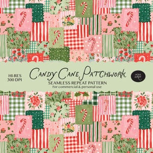 Candy Cane Patchwork Seamless Pattern Digital Download -  Preppy Quilt Festive Christmas Gingham Print for Fabric, Crafts, Digital Paper