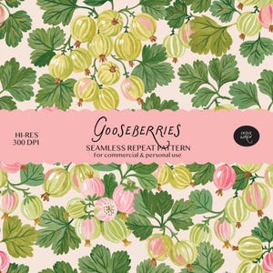Puede incluir: Un patrón de repetición sin costuras con grosellas ilustradas en tonos verde claro y rosa con hojas verde oscuro sobre un fondo rosa pálido. Una banda rosa muestra el texto Gooseberries, HI-RES 300 DPI y la marca Indie Wren.