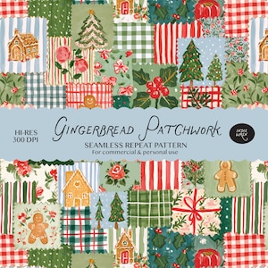 Seamless Christmas Gingerbread Patchwork Pattern Digital Download -  Whimsical Quilt Festive Cookies Gingham Print for Fabric for Crafts