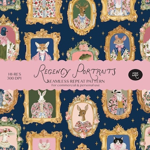 Può includere: Un motivo a ripetizione senza cuciture su sfondo blu scuro con cornici dorate ornate contenenti ritratti di animali vestiti con abiti in stile Regency. Il testo recita Regency Portraits, Seamless Repeat Pattern, Hi-Res 300 DPI, Indie Wren.
