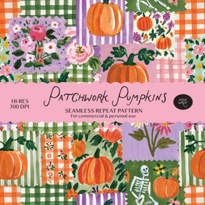 Pode incluir: Um padrão digital de repetição sem costuras com um design de patchwork de abóboras cor de laranja, rosas cor-de-rosa, xadrez vichy verde e branco e ilustrações de esqueletos. A imagem inclui o texto Patchwork Pumpkins, Hi-Res 300 DPI e Indie Wren.