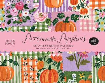 Nahtloses Kürbis-Patchworkmuster zum digitalen Download – Verspielter Quilt mit Halloween-Kürbissen und Vichy-Karo-Muster für Stoffbastelarbeiten