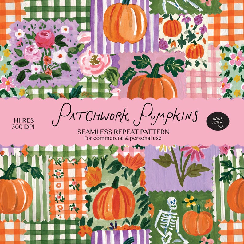 A spooky-cute repeat pattern full of painted style fabric swatches in a patchwork quilted pattern, that is perfect for adding a touch of magic to your autumn projects.

Created in the Indie Wren Studio and turned into a seamless pattern ready to drop straight into fabric, packaging, prints, or personal keepsakes.