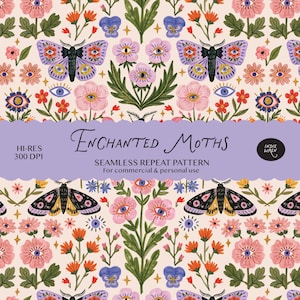 May include: A seamless repeat pattern featuring purple and black moths, pink flowers, and blue eye motifs on a cream background. A lavender banner across the centre displays the text Enchanted Moths, Hi-Res 300 DPI, and Indie Wren.