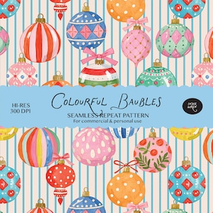 Puede incluir: Un patrón de repetición sin costuras que presenta bolas de Navidad coloridas con diversos diseños, incluyendo rayas, lunares y formas geométricas, sobre un fondo claro con rayas azules verticales. El texto dice: COLOURFUL BAUBLES.