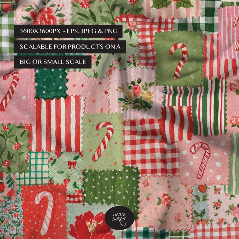 A festive treat repeat pattern full of painted style fabric swatches in a patchwork quilted pattern featuring candy canes, gingham and stripes that is perfect for adding a touch of magic to your Christmas projects.

Created in the Indie Wren Studio and turned into a seamless pattern ready to drop straight into fabric, packaging, prints, or personal keepsakes.
