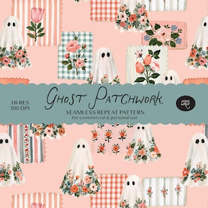 Patrón digital de patchwork de fantasmas encantadores - Fantasmas de patchwork con estampado vintage de cuadros vichy para tela, manualidades y papel - Uso comercial