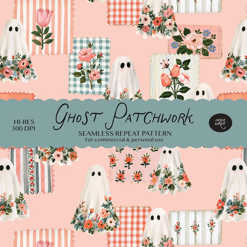 A peachy vintage repeat pattern full of painted style fabric swatches and meadow floral ghosts that is perfect for adding a touch of magic to your autumn projects.

Created in the Indie Wren Studio and turned into a seamless pattern ready to drop straight into fabric, packaging, prints, or personal keepsakes.