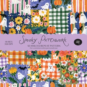 Seamless Spooky Patchwork Pattern Digital Download -  Whimsical Quilt Ghosts Pumpkins Gingham Print for Fabric for Crafts