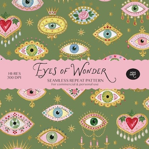 Pode incluir: Um padrão de repetição sem costuras num fundo verde sálvia com vários olhos, corações e estrelas ilustrados. O texto diz Eyes of Wonder, Hi-Res 300 DPI, Seamless Repeat Pattern, For commercial & personal use e Indie Wren.