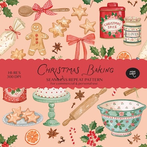 Pode incluir: Um padrão de repetição sem costuras com elementos de pastelaria de Natal sobre um fundo cor de pêssego claro. As ilustrações incluem bonecos de gengibre, bolachas em forma de estrela, um rolo da massa, uma taça e azevinho.