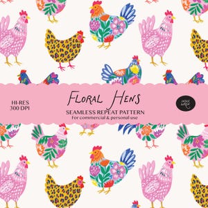 Puede incluir: Un patrón de repetición sin costuras con gallinas coloridas sobre un fondo crema. Algunas gallinas tienen diseños florales en rosa, azul y naranja, mientras que otras tienen plumas rosas o manchas de leopardo amarillas y negras. Texto Floral Hens.