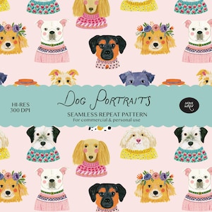 Cute Dog Portrait Seamless Pattern | Painted Quirky Dog Repeat Print Design | Fun Animal Digital for Fabric, Packaging and Pet Accessories