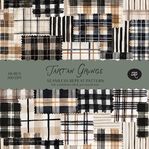 May include: A seamless repeat pattern featuring a patchwork of various watercolour tartan and plaid squares in black, white, and tan. A sage green horizontal banner overlays the centre with the text TARTAN GRUNGE, HI-RES 300 DPI, and INDIE WREN.