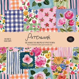 Nahtloses Patchwork-Blumenmuster | Gemaltes Blumen-Gingham-Stoff-Quilt-Muster mit sich wiederholendem Druck | Für Stoffe, Verpackungen, Digitalpapier