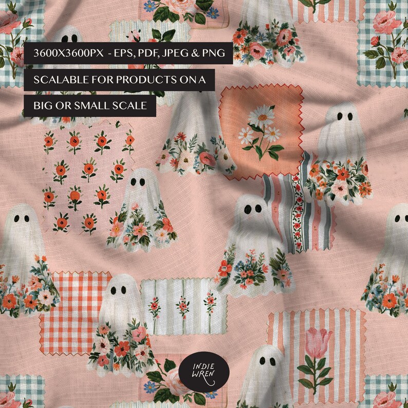 A peachy vintage repeat pattern full of painted style fabric swatches and meadow floral ghosts that is perfect for adding a touch of magic to your autumn projects.

Created in the Indie Wren Studio and turned into a seamless pattern ready to drop straight into fabric, packaging, prints, or personal keepsakes.