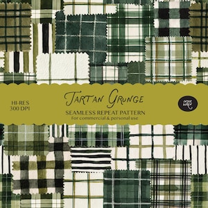 May include: A seamless repeat pattern featuring a patchwork of various green, white, and black tartan and plaid fabric swatches. A central olive green banner displays the text TARTAN GRUNGE, HI-RES 300 DPI, and a circular logo reading INDIE WREN.