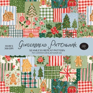 Seamless Christmas Gingerbread Patchwork Pattern Digital Download -  Whimsical Quilt Festive Cookies Gingham Print for Fabric for Crafts