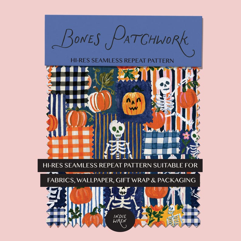 A spooky-cute repeat pattern full of painted style fabric swatches in a patchwork quilted pattern, that is perfect for adding a touch of magic to your autumn projects.

Created in the Indie Wren Studio and turned into a seamless pattern ready to drop straight into fabric, packaging, prints, or personal keepsakes.