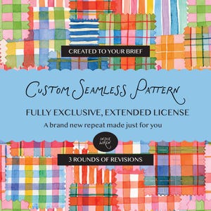 May include: A custom seamless pattern service featuring a collage of colorful watercolor plaid and striped fabric swatches. The text reads: CREATED TO YOUR BRIEF, Custom Seamless Pattern, FULLY EXCLUSIVE, EXTENDED LICENSE, A brand new repeat made just for you, INDIE WREN, 3 ROUNDS OF REVISIONS.