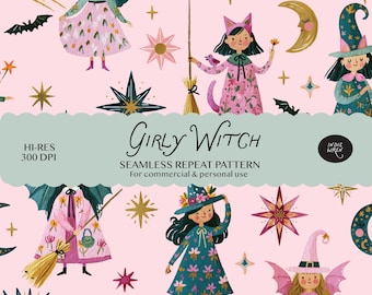 Girly Witch Halloween Seamless Pattern | Celestial, Spooky Cute Moon Stars Design | Repeat Print | Printable for Fabric & Fall Products
