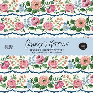 Nahtloses Vintage-Muster „Grandmillenial“ | Blumenmuster „Omas Küche“ | Farbenfrohes Blumenmuster für Stoffe, Verpackungen und Tapeten