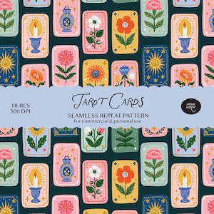 Digitales Download-Muster mit floralem Tarotkartenmotiv – Nahtloser Halloween-Herbstdruck für Stoffe, DIY-Halloween-Bastelarbeiten, Kinderbastelprojekte und saisonale Verpackungen