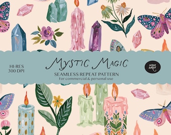 Mystic Magic Seamless Pattern -  Whimsical Witch Halloween Moths Gems Repeat Print, Fabric DIY Halloween, Crafts & Digital Scrapbook Paper