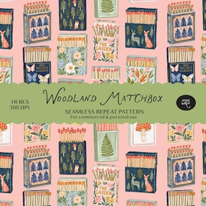 May include: A seamless repeat pattern on a light pink background featuring various matchboxes with illustrations of pine trees, deer, butterflies, ferns, mushrooms, and floral arrangements. Some boxes are labeled The Garden or The Secret Garden.