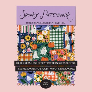 A spooky-cute repeat pattern full of painted style fabric swatches in a patchwork quilted pattern, that is perfect for adding a touch of magic to your autumn projects.

Created in the Indie Wren Studio and turned into a seamless pattern ready to drop straight into fabric, packaging, prints, or personal keepsakes.