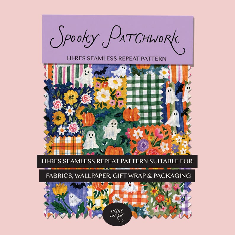 A spooky-cute repeat pattern full of painted style fabric swatches in a patchwork quilted pattern, that is perfect for adding a touch of magic to your autumn projects.

Created in the Indie Wren Studio and turned into a seamless pattern ready to drop straight into fabric, packaging, prints, or personal keepsakes.