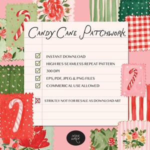 May include: A digital graphic featuring a patchwork of holiday-themed squares with candy canes, red and white gingham, and floral patterns surrounding a central notepad. The text reads Candy Cane Patchwork, Instant Download, High Res Seamless Repeat Pattern, 300 DPI, EPS, PDF, JPEG & PNG Files, Commerical Use Allowed, and Striktly Not For Resale As Download Art.